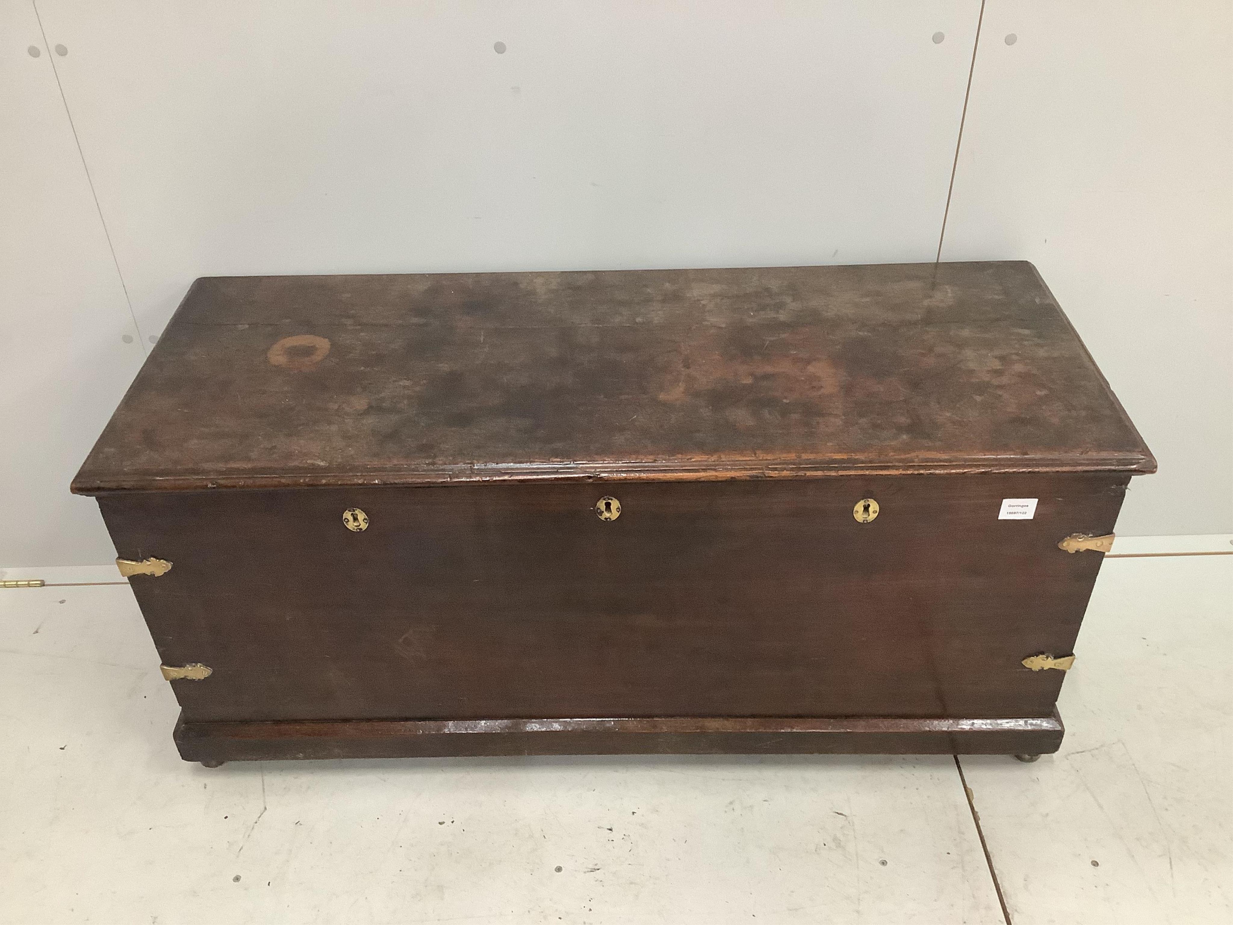 An 18th century Dutch Colonial hardwood coffer, width 124cm, depth 48cm, height 59cm. Condition - fair